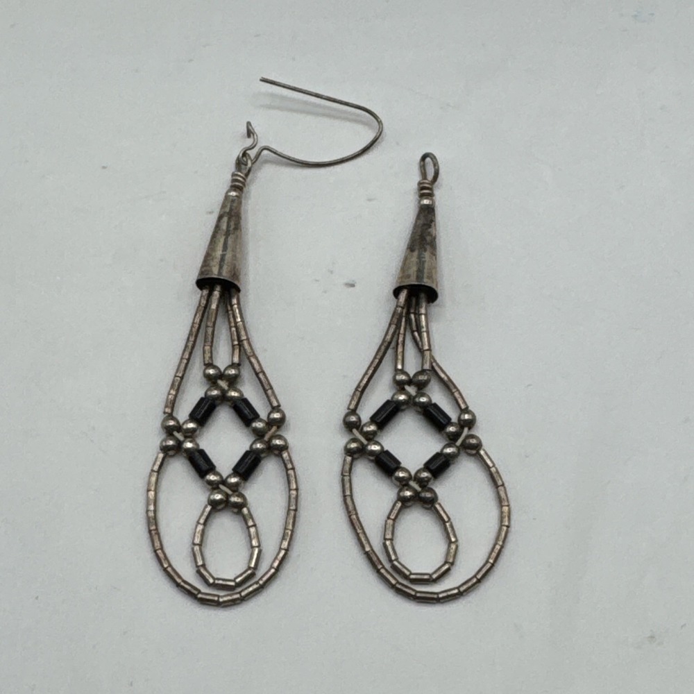 Silver Tone Beaded Dangle Earrings Black Accent Southwestern Style